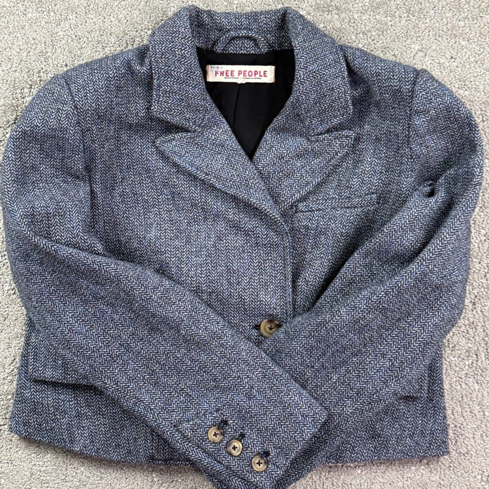 Free People Womens S Tailored Heritage Blazer Herringbone Wool Cropped Jacket